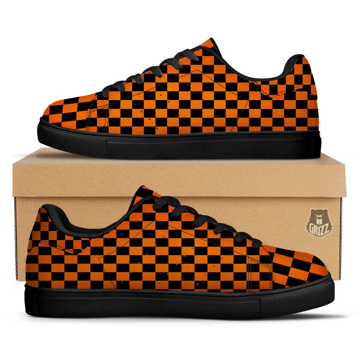 Checkered Black And Orange Print Pattern Black Low Top Sneakers-grizzshop