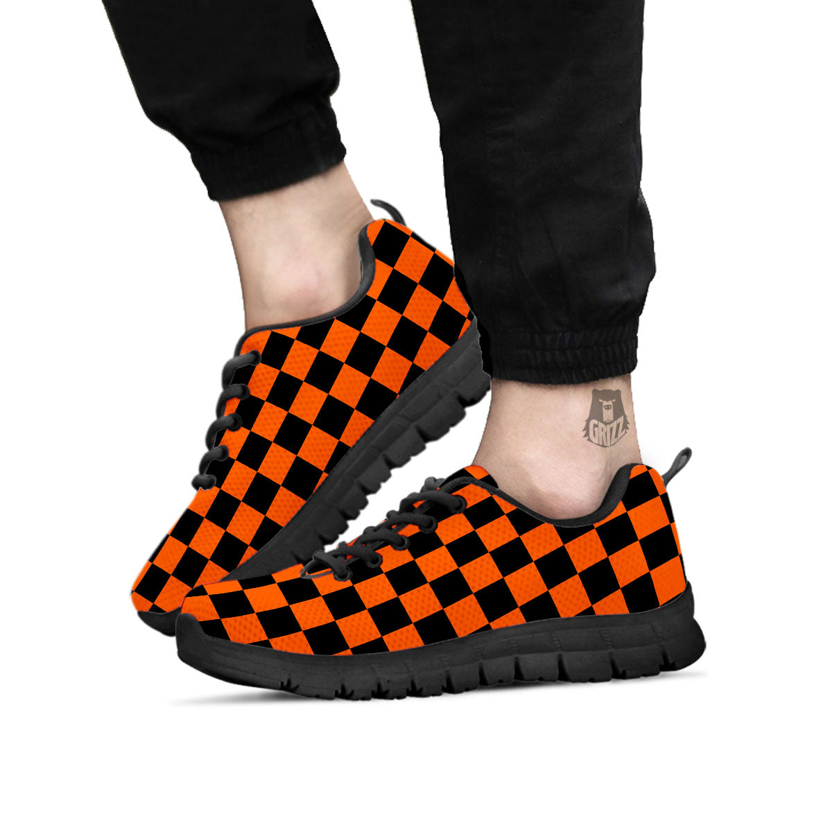 Checkered Black And Orange Print Pattern Black Sneaker-grizzshop