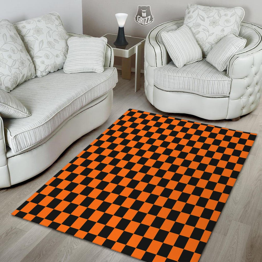 Checkered Black And Orange Print Pattern Floor Mat-grizzshop