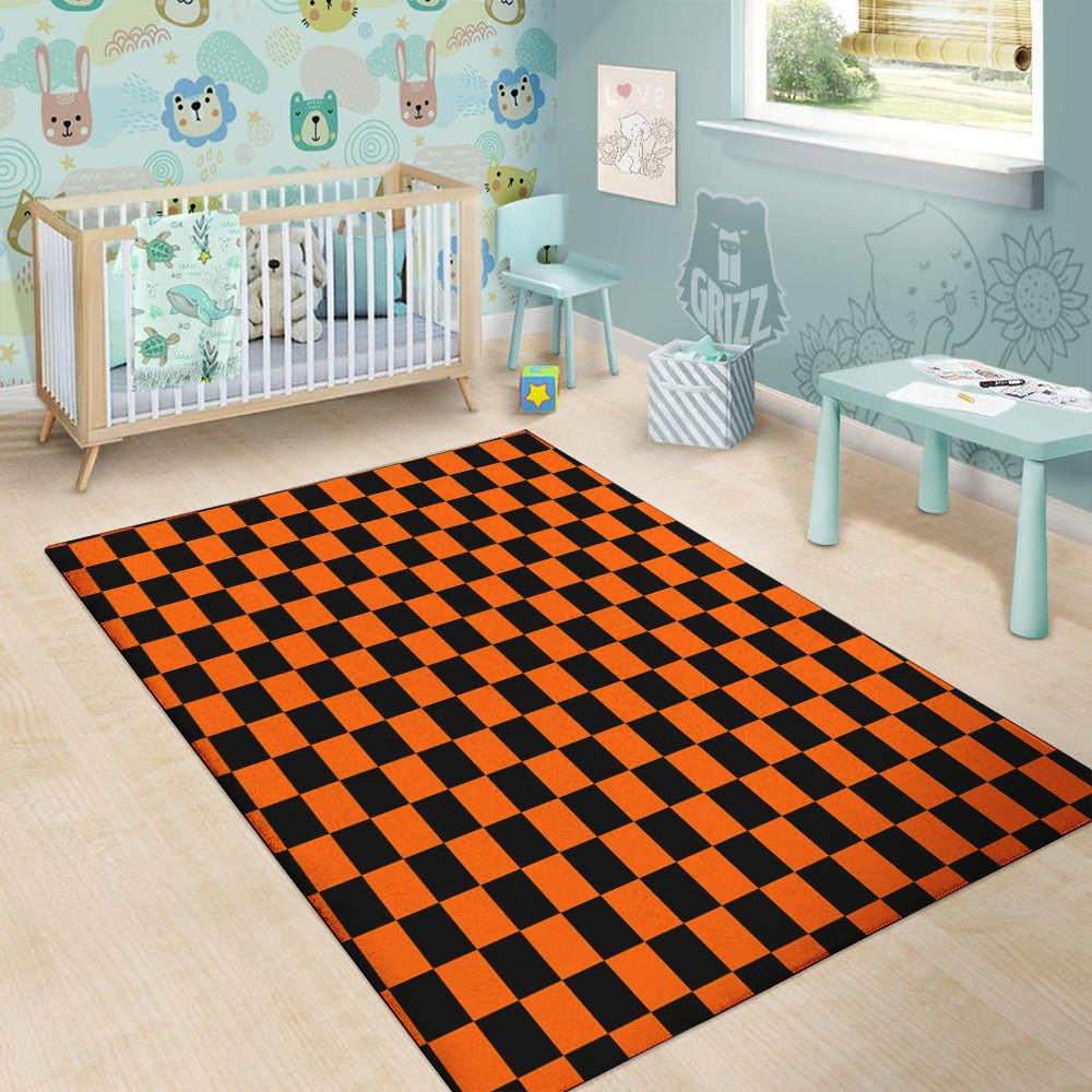 Checkered Black And Orange Print Pattern Floor Mat-grizzshop