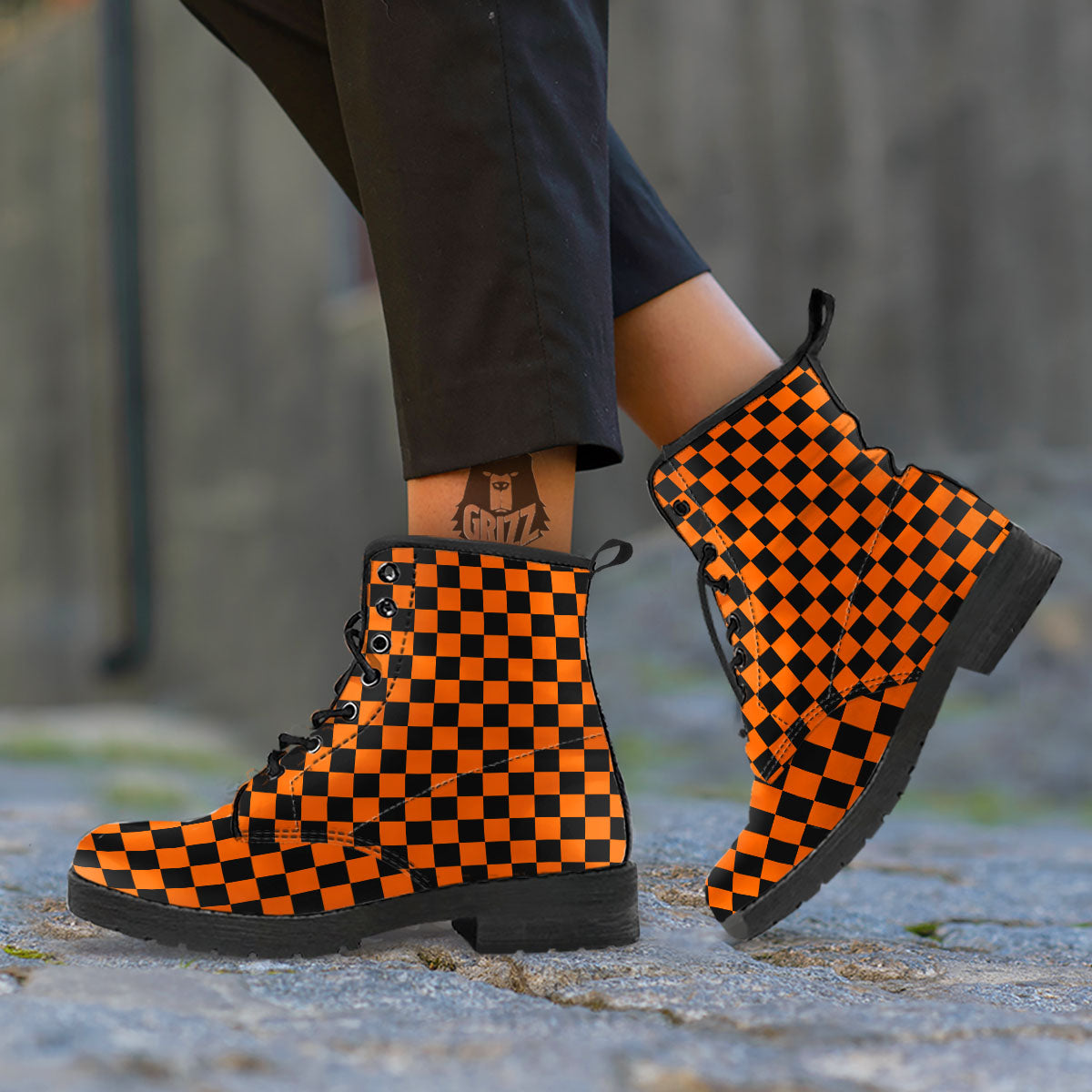 Checkered Black And Orange Print Pattern Leather Boots-grizzshop