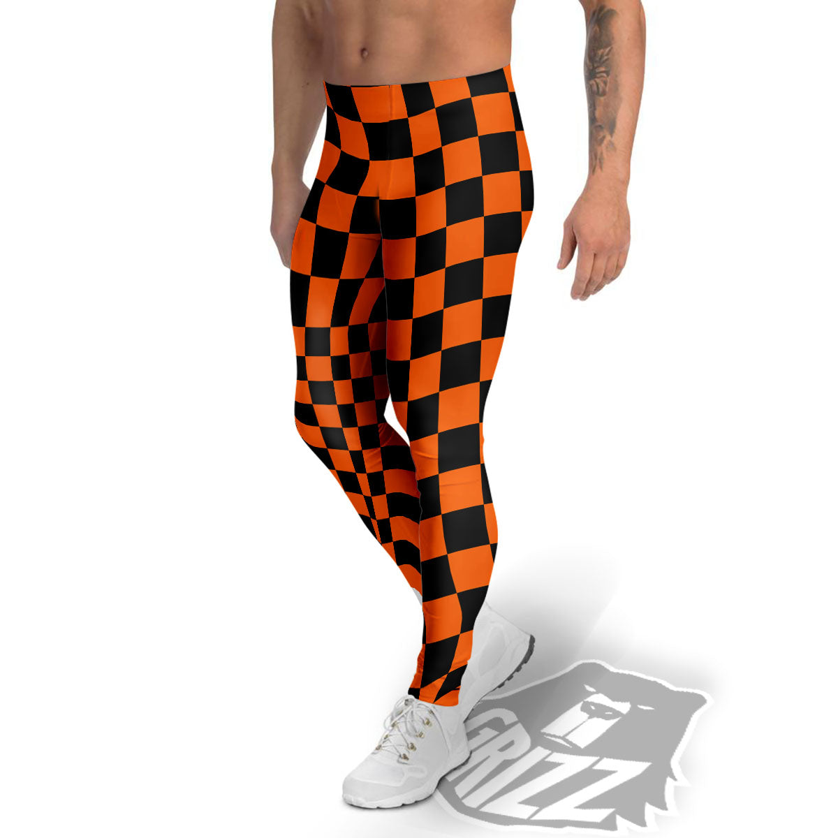 Checkered Black And Orange Print Pattern Men's Leggings-grizzshop