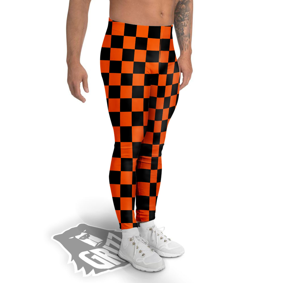 Checkered Black And Orange Print Pattern Men's Leggings-grizzshop