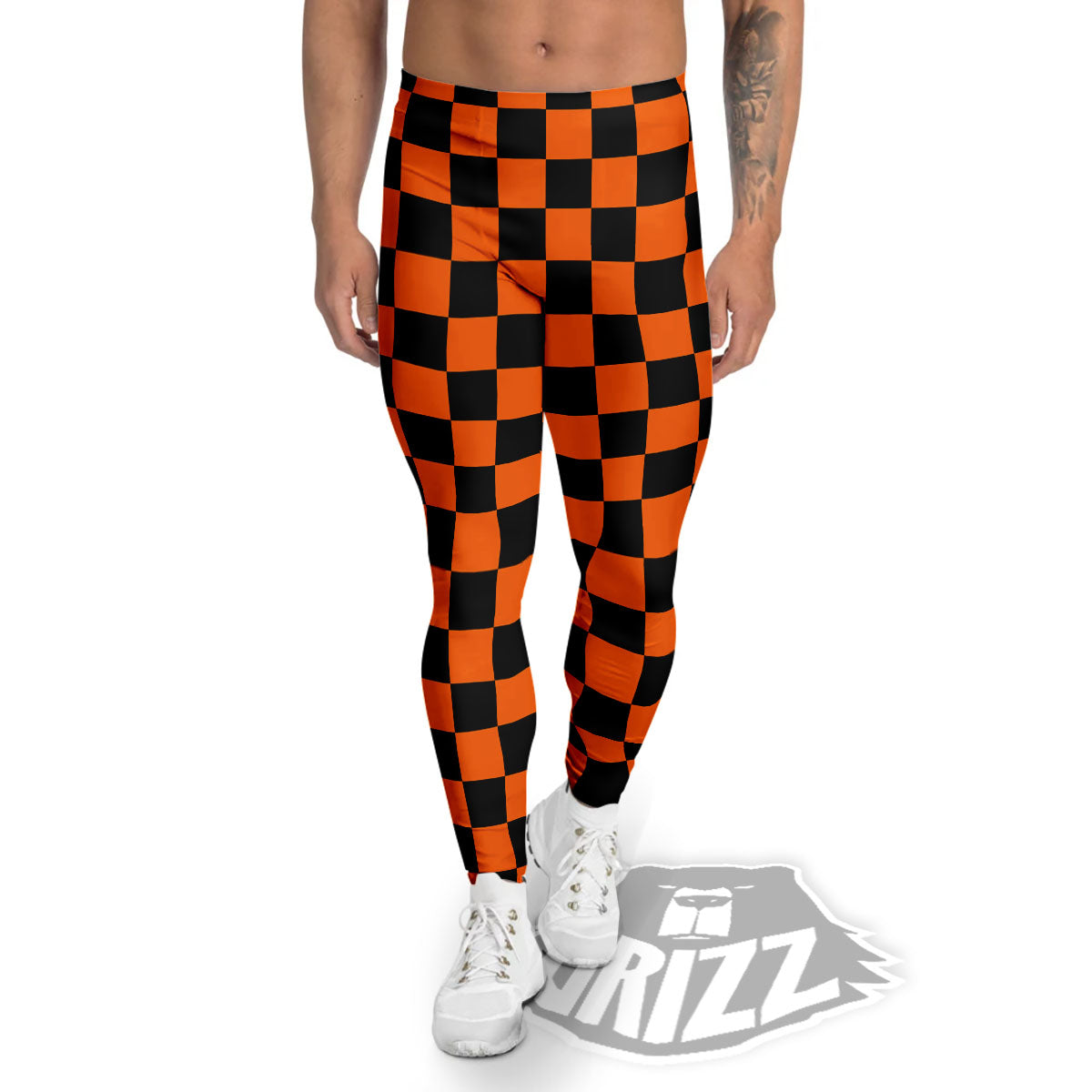 Checkered Black And Orange Print Pattern Men's Leggings-grizzshop