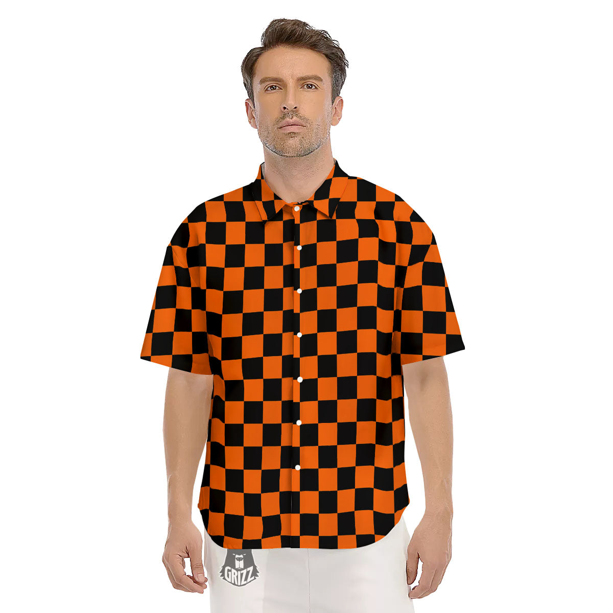 Checkered Black And Orange Print Pattern Men's Short Sleeve Shirts-grizzshop