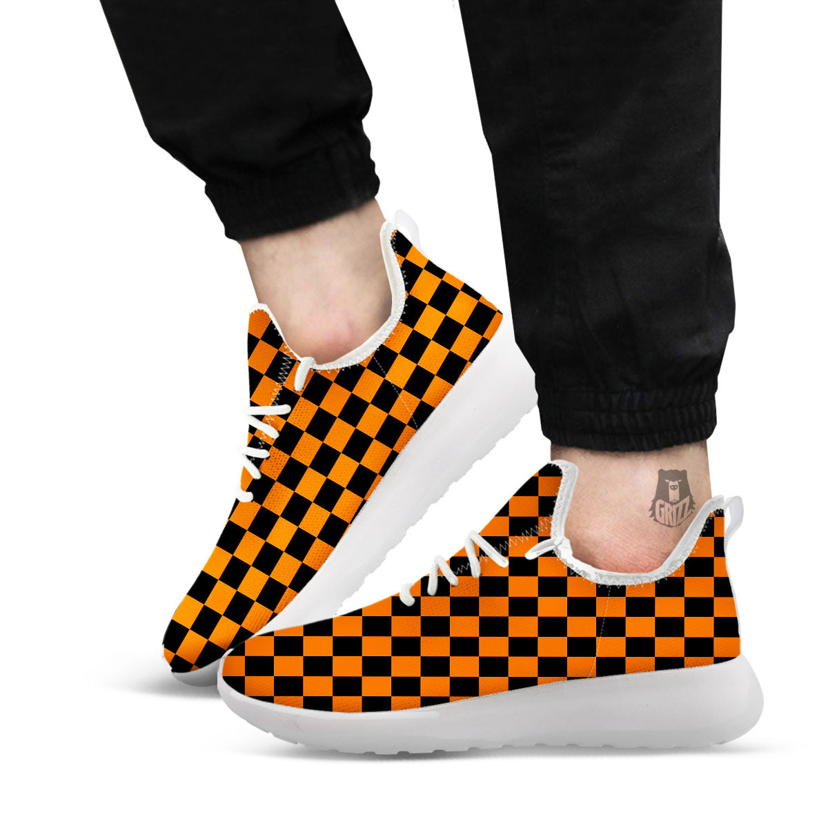 Checkered Black And Orange Print Pattern White Athletic Shoes-grizzshop