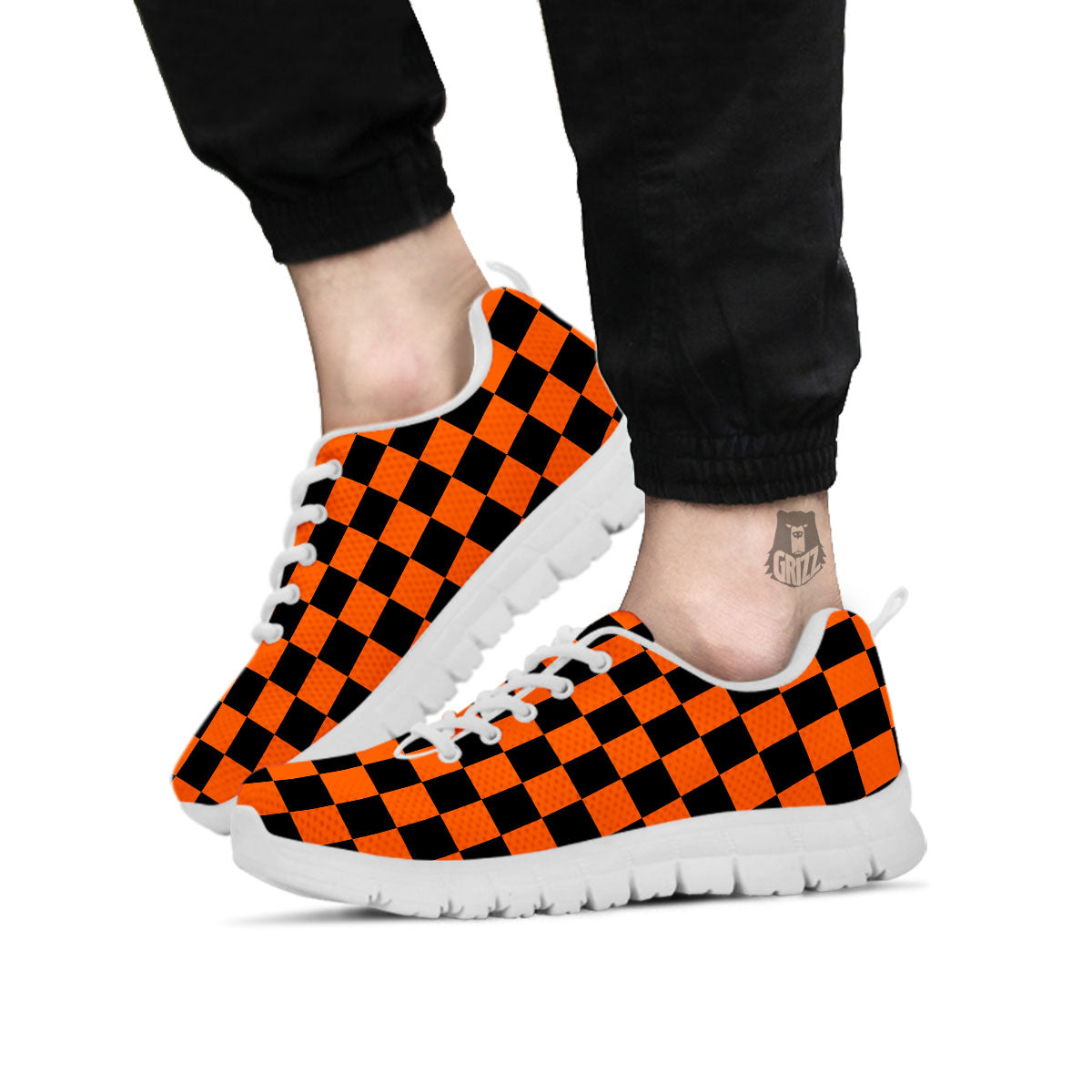 Checkered Black And Orange Print Pattern White Sneaker-grizzshop