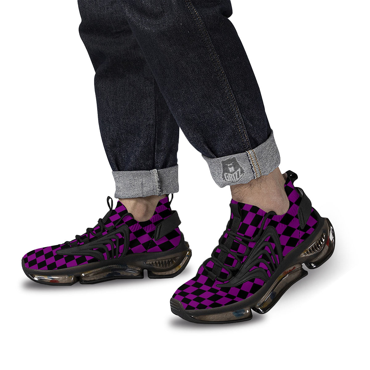 Checkered Black And Purple Print Pattern Black Gym Shoes-grizzshop