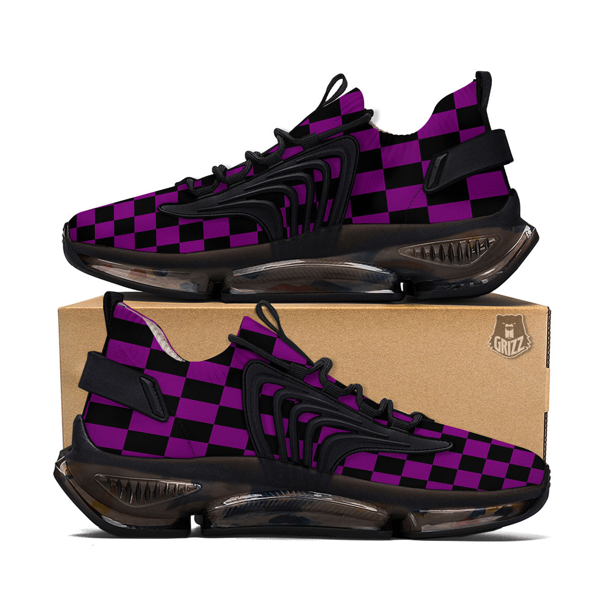 Checkered Black And Purple Print Pattern Black Gym Shoes-grizzshop