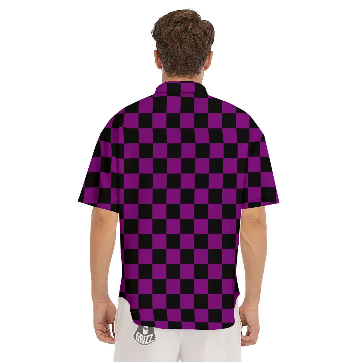 Checkered Black And Purple Print Pattern Men's Short Sleeve Shirts-grizzshop