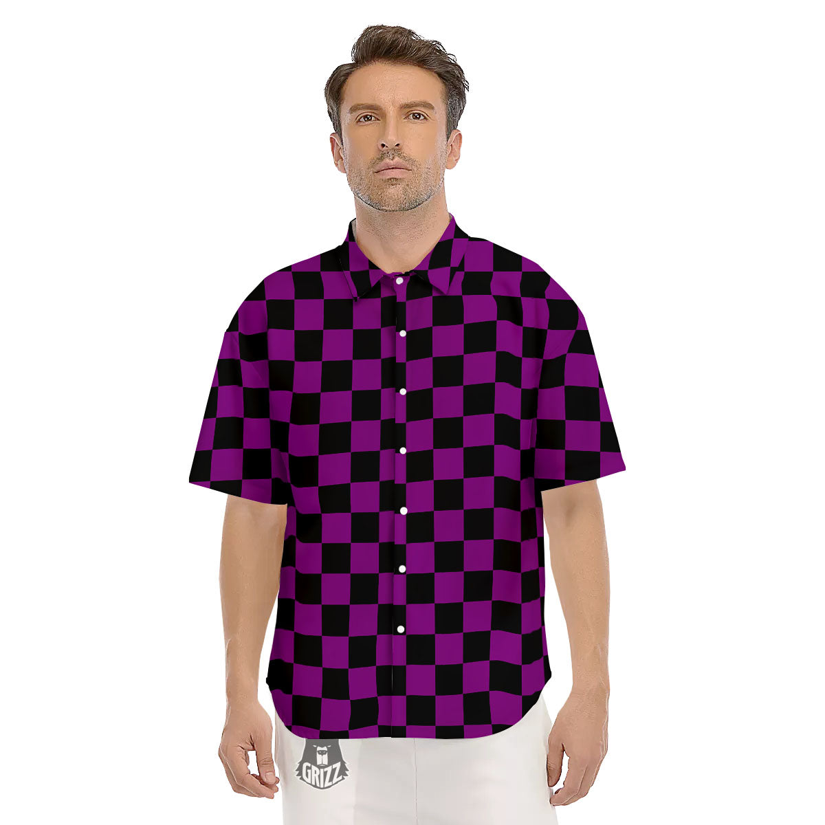 Checkered Black And Purple Print Pattern Men's Short Sleeve Shirts-grizzshop