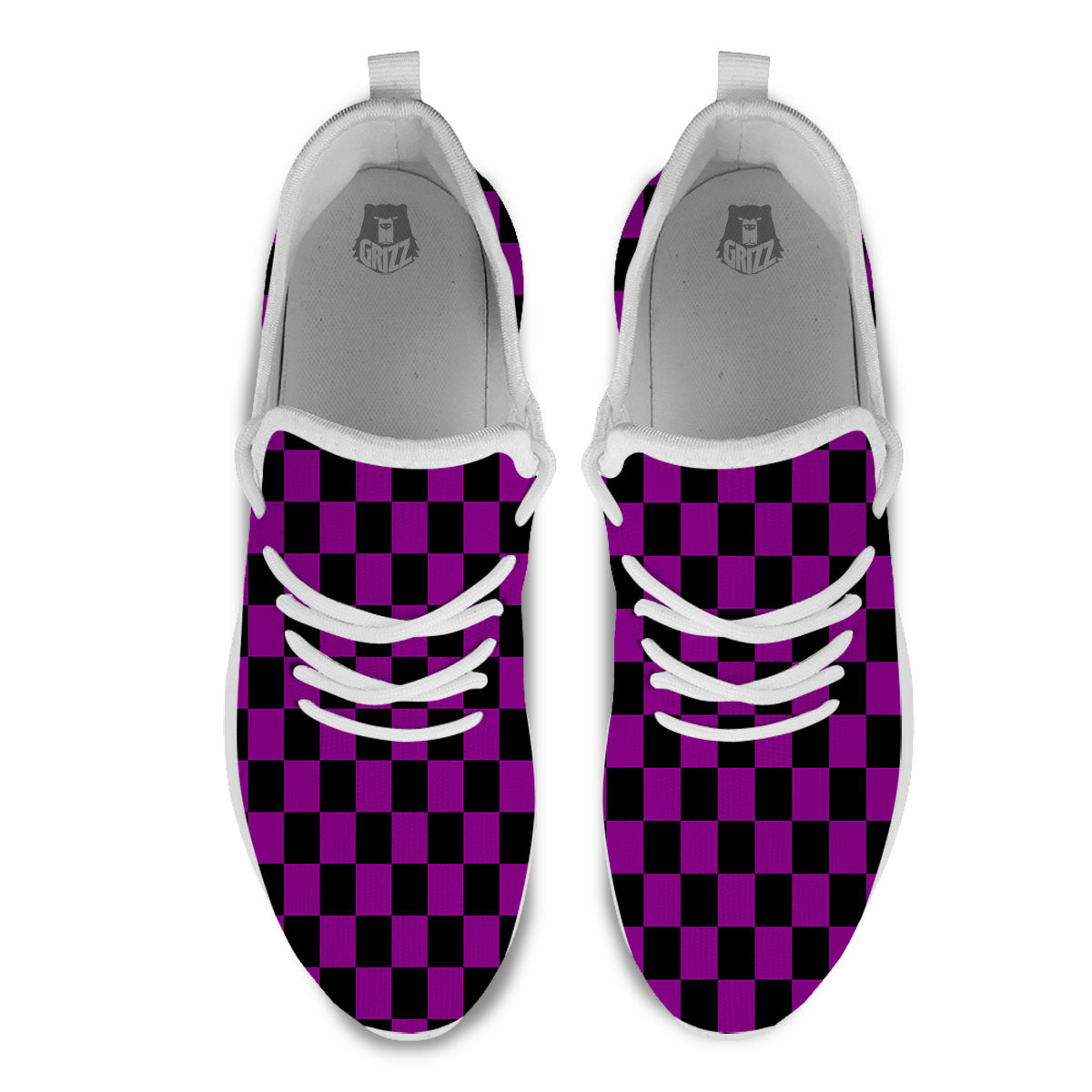 Checkered Black And Purple Print Pattern White Athletic Shoes-grizzshop