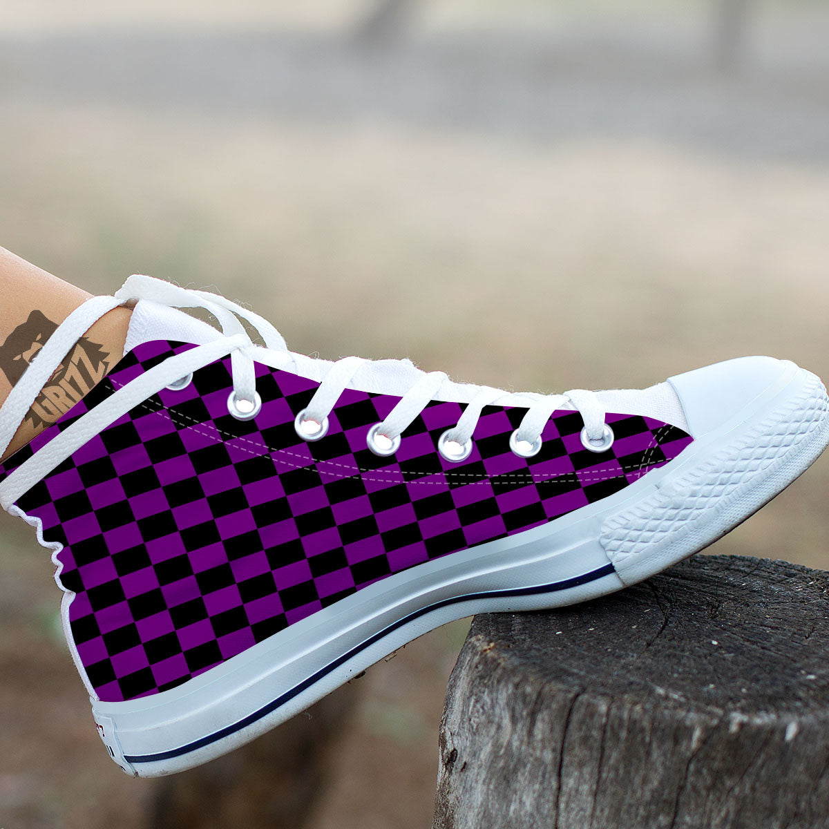 Checkered Black And Purple Print Pattern White High Top Shoes-grizzshop