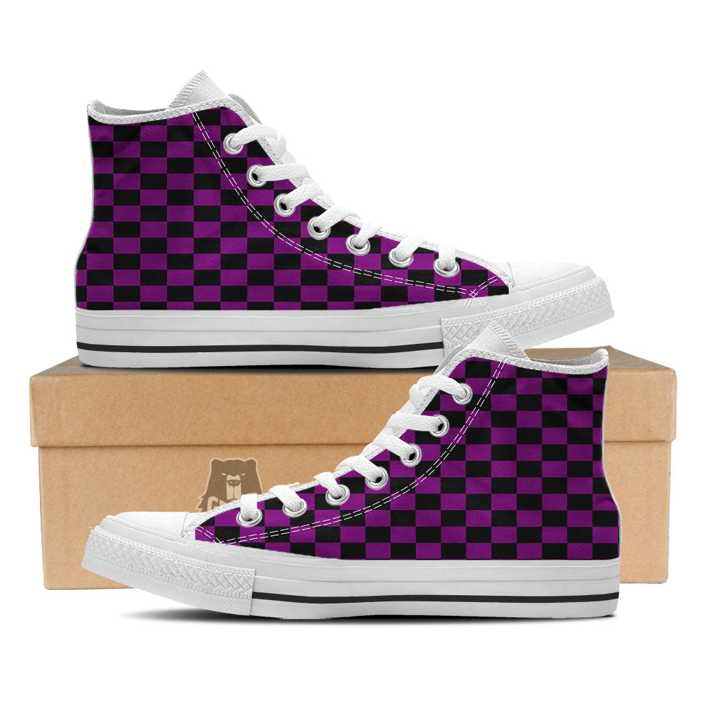 Checkered Black And Purple Print Pattern White High Top Shoes-grizzshop
