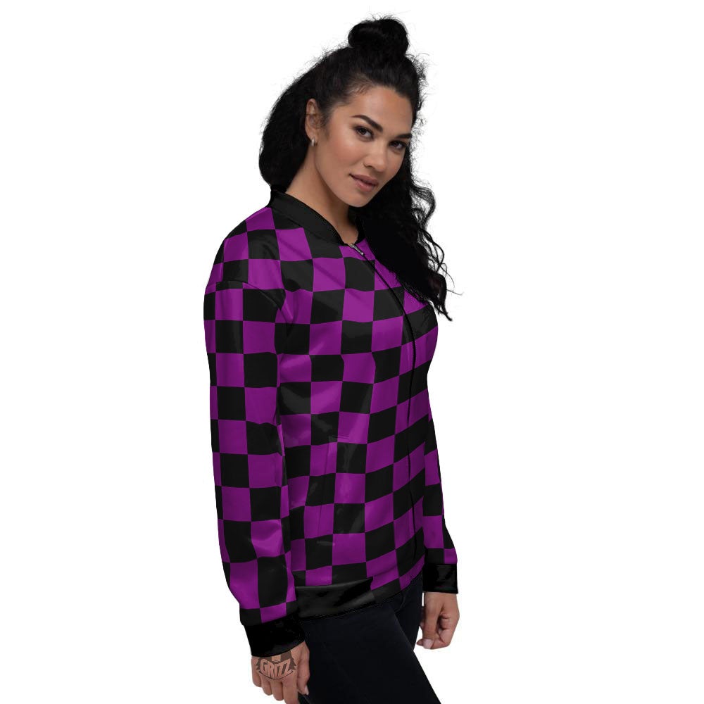 Checkered Black And Purple Print Pattern Women's Bomber Jacket-grizzshop