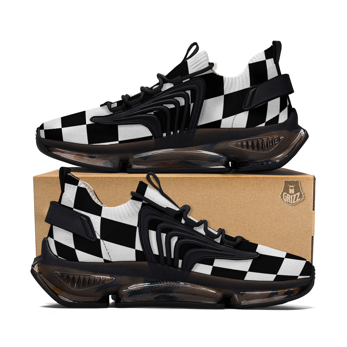 Checkered Board And Convex Shape Print Black Gym Shoes-grizzshop