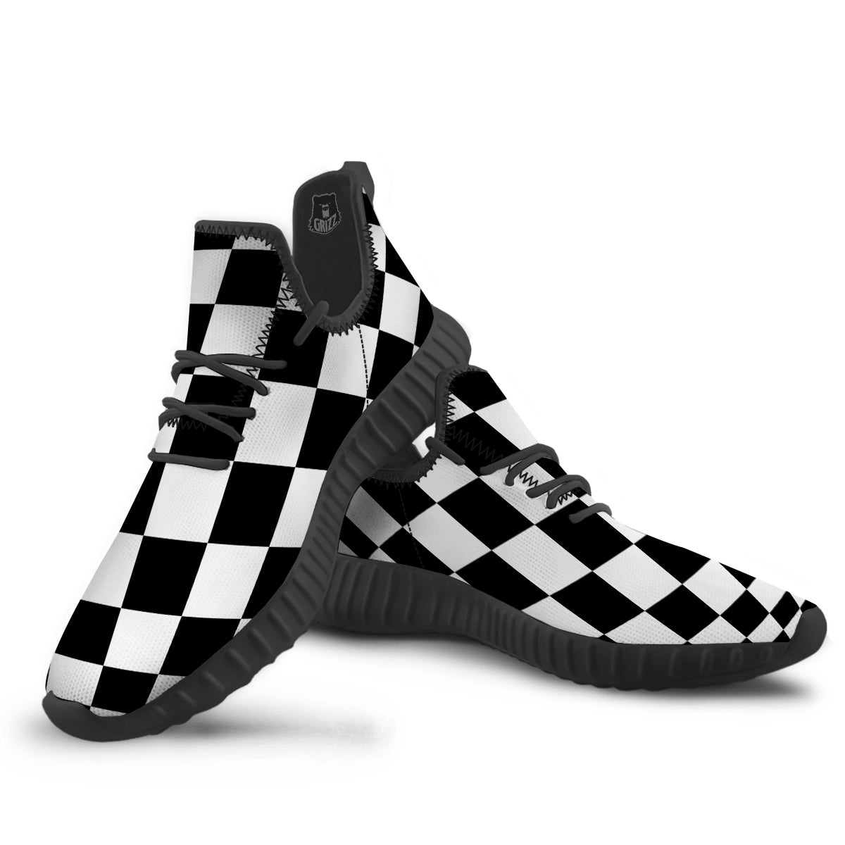 Checkered Board And Convex Shape Print Black Walking Shoes-grizzshop