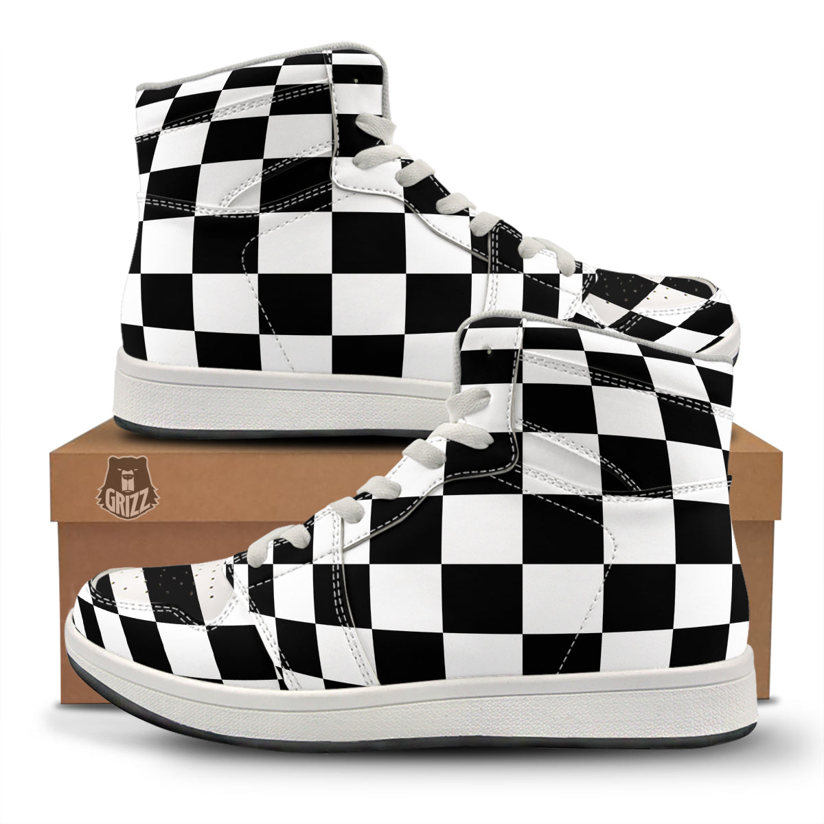 Checkered Board And Convex Shape Print High Top Sneakers-grizzshop