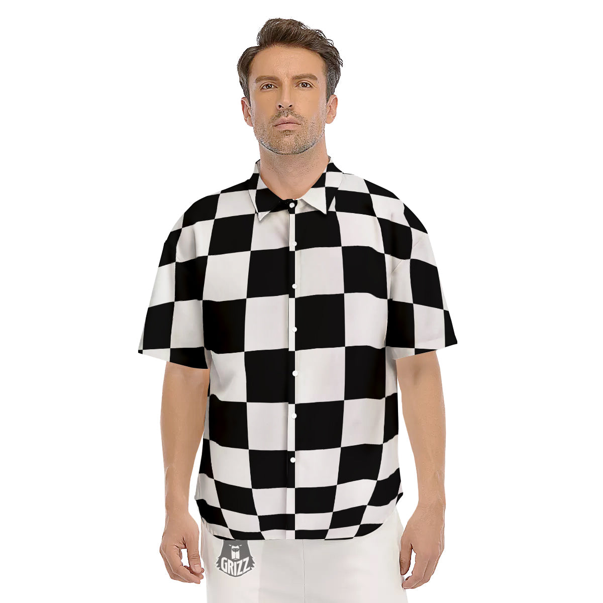 Checkered Board And Convex Shape Print Men's Short Sleeve Shirts-grizzshop