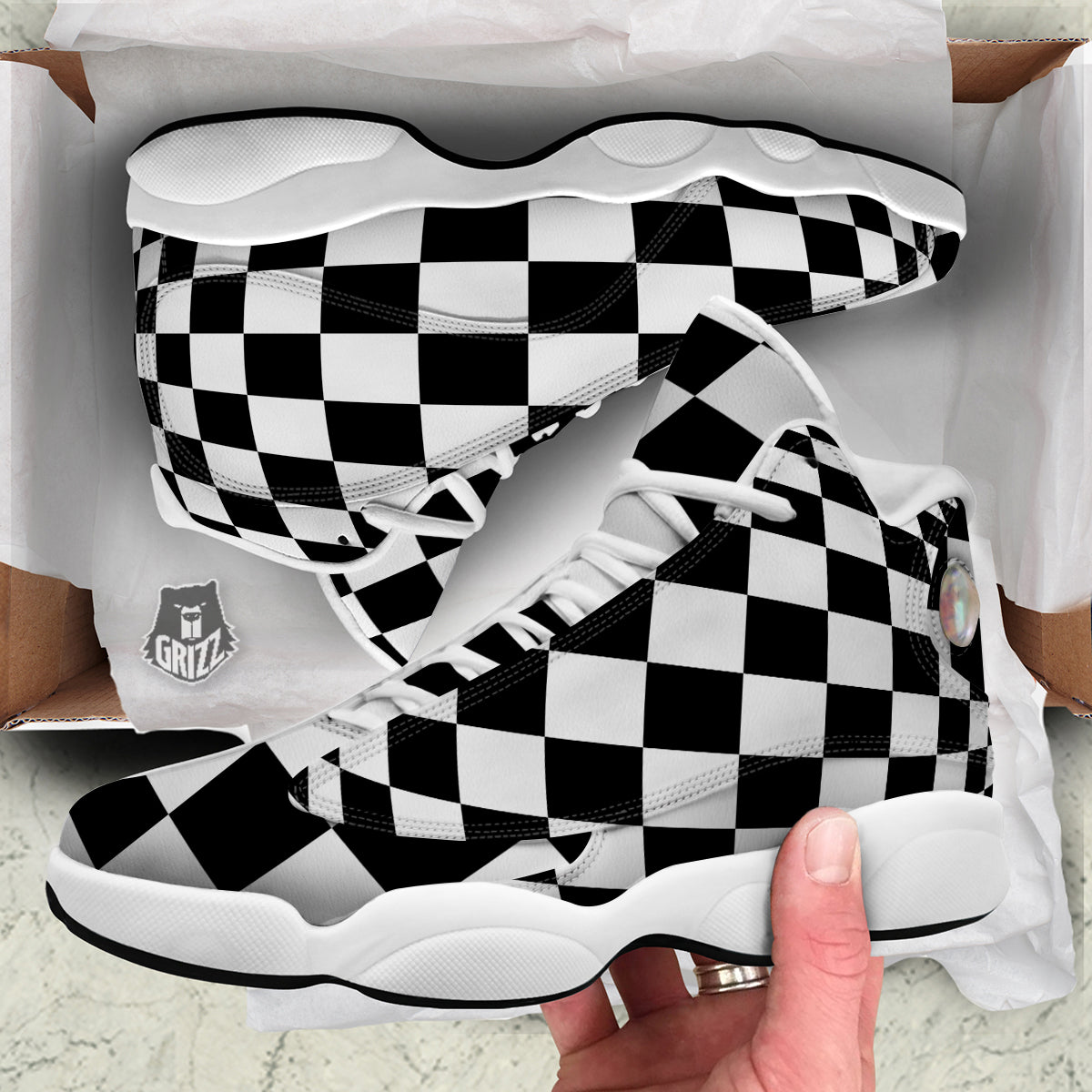 Checkered Board And Convex Shape Print White Basketball Shoes-grizzshop