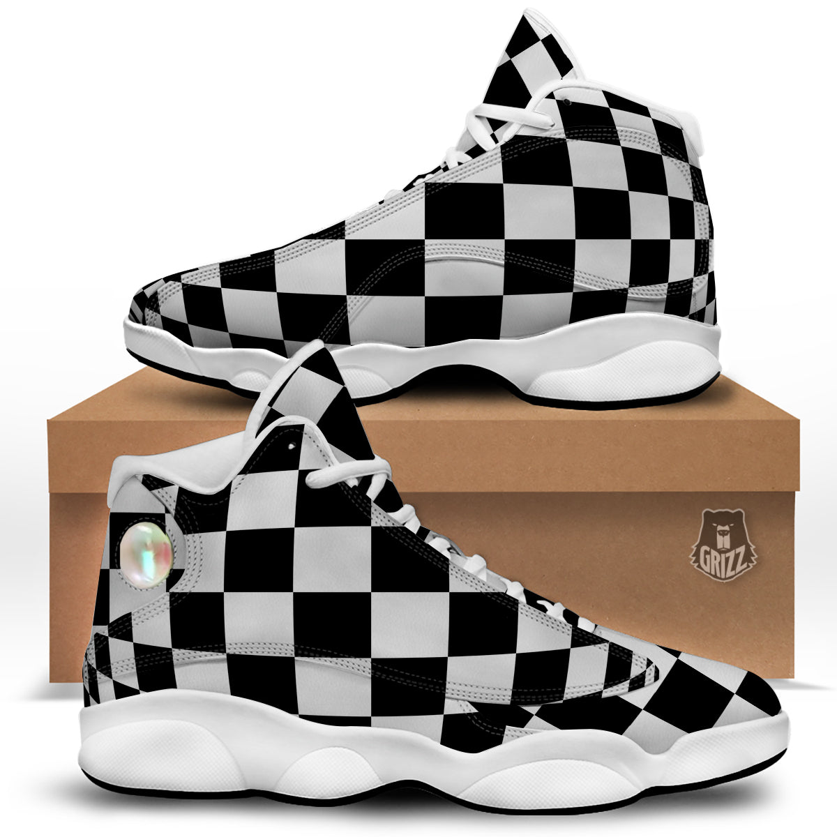 Checkered Board And Convex Shape Print White Basketball Shoes-grizzshop