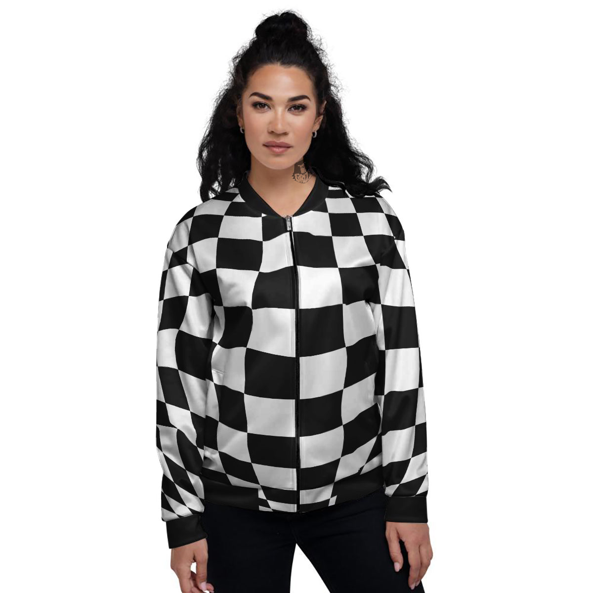 Checkered Board And Convex Shape Print Women's Bomber Jacket-grizzshop