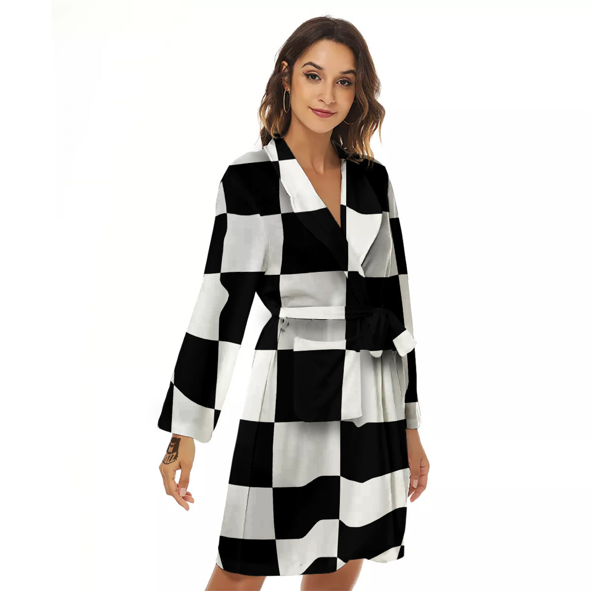 Checkered Board And Convex Shape Print Women's Robe-grizzshop
