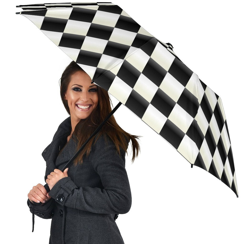 Checkered Flag Print Pattern Automatic Foldable Umbrella-grizzshop