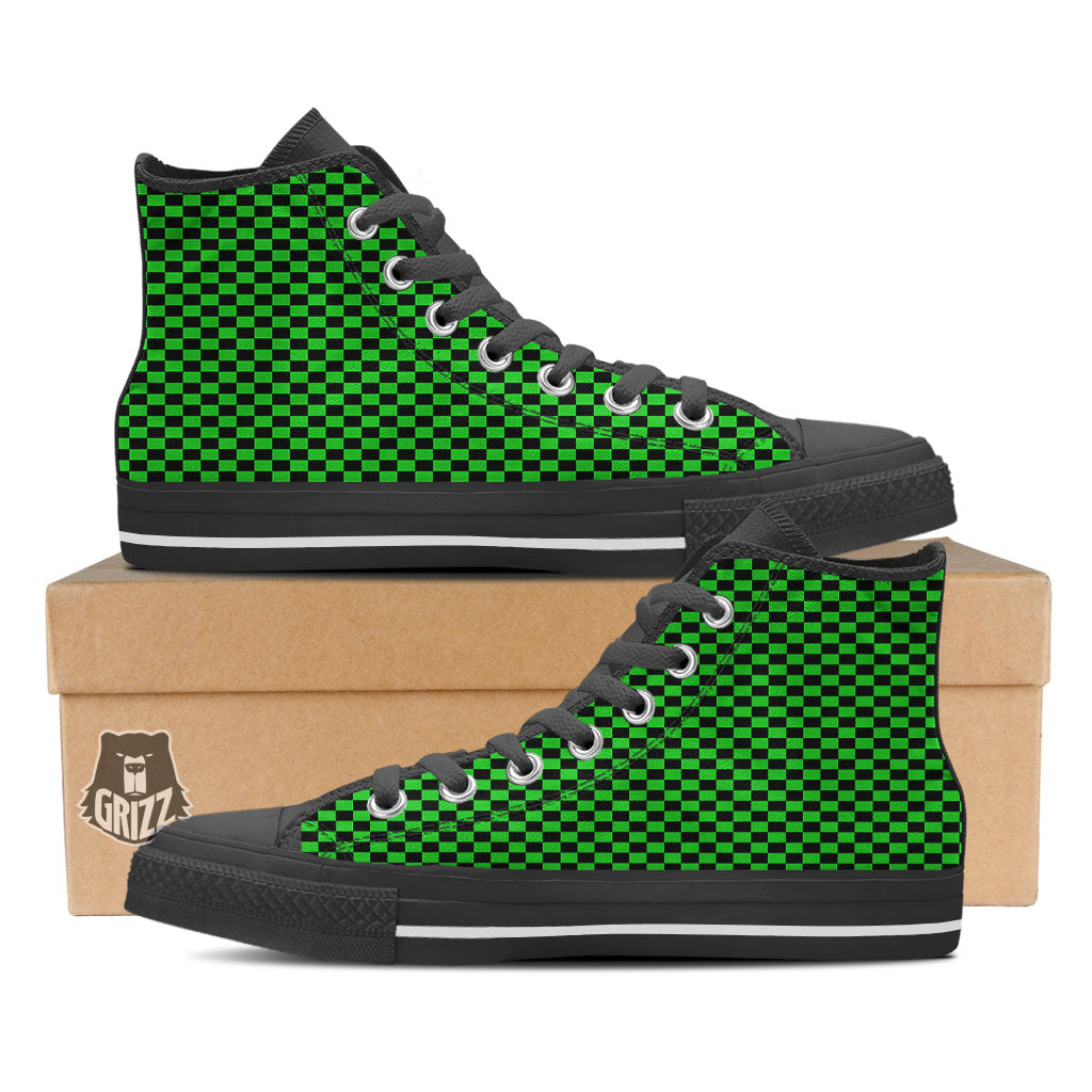 Checkered Green And Black Print Black High Top Shoes-grizzshop