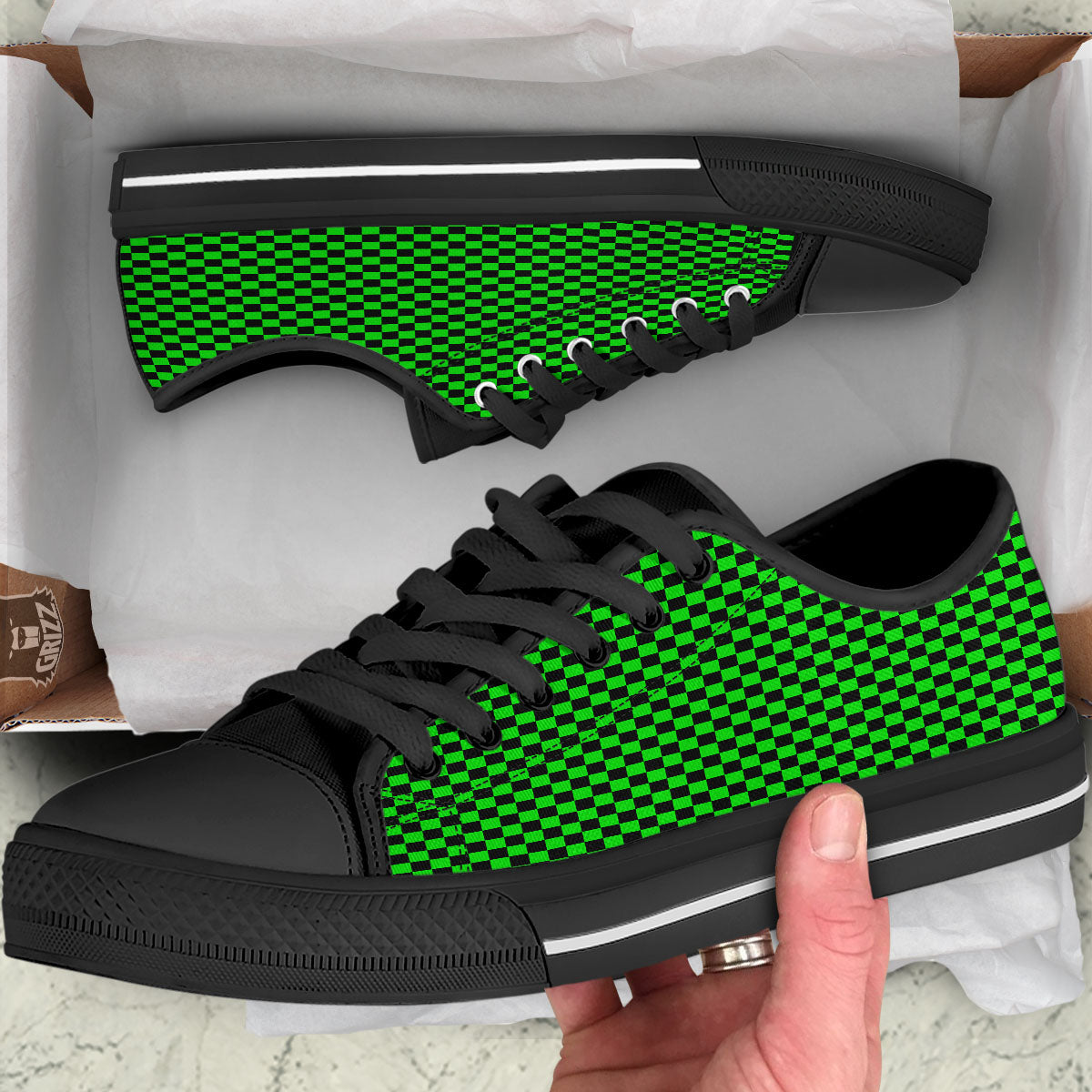 Checkered Green And Black Print Black Low Top Shoes-grizzshop