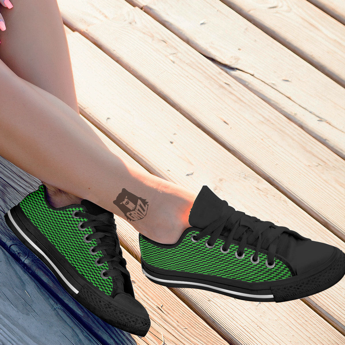 Checkered Green And Black Print Black Low Top Shoes-grizzshop