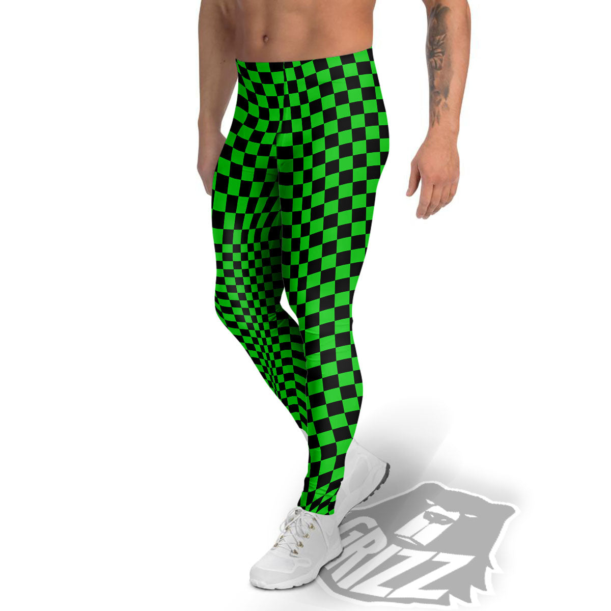 Checkered Green And Black Print Men's Leggings-grizzshop