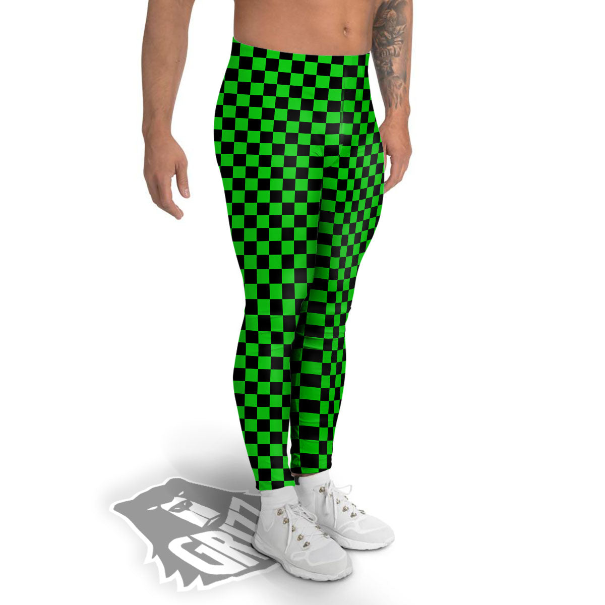 Checkered Green And Black Print Men's Leggings-grizzshop