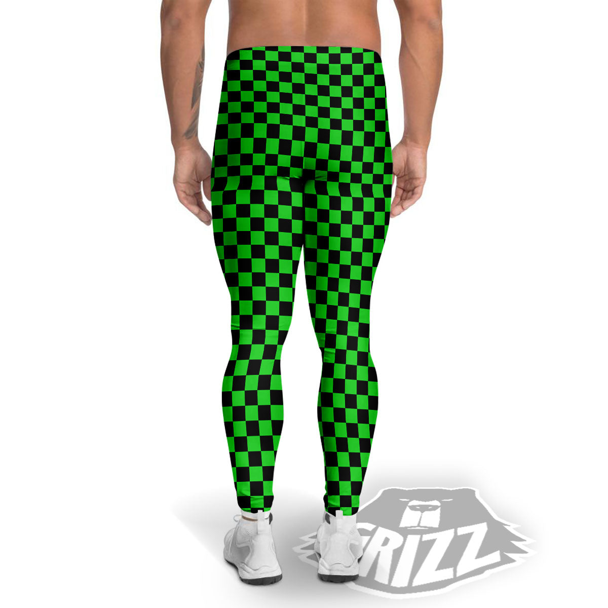 Checkered Green And Black Print Men's Leggings-grizzshop