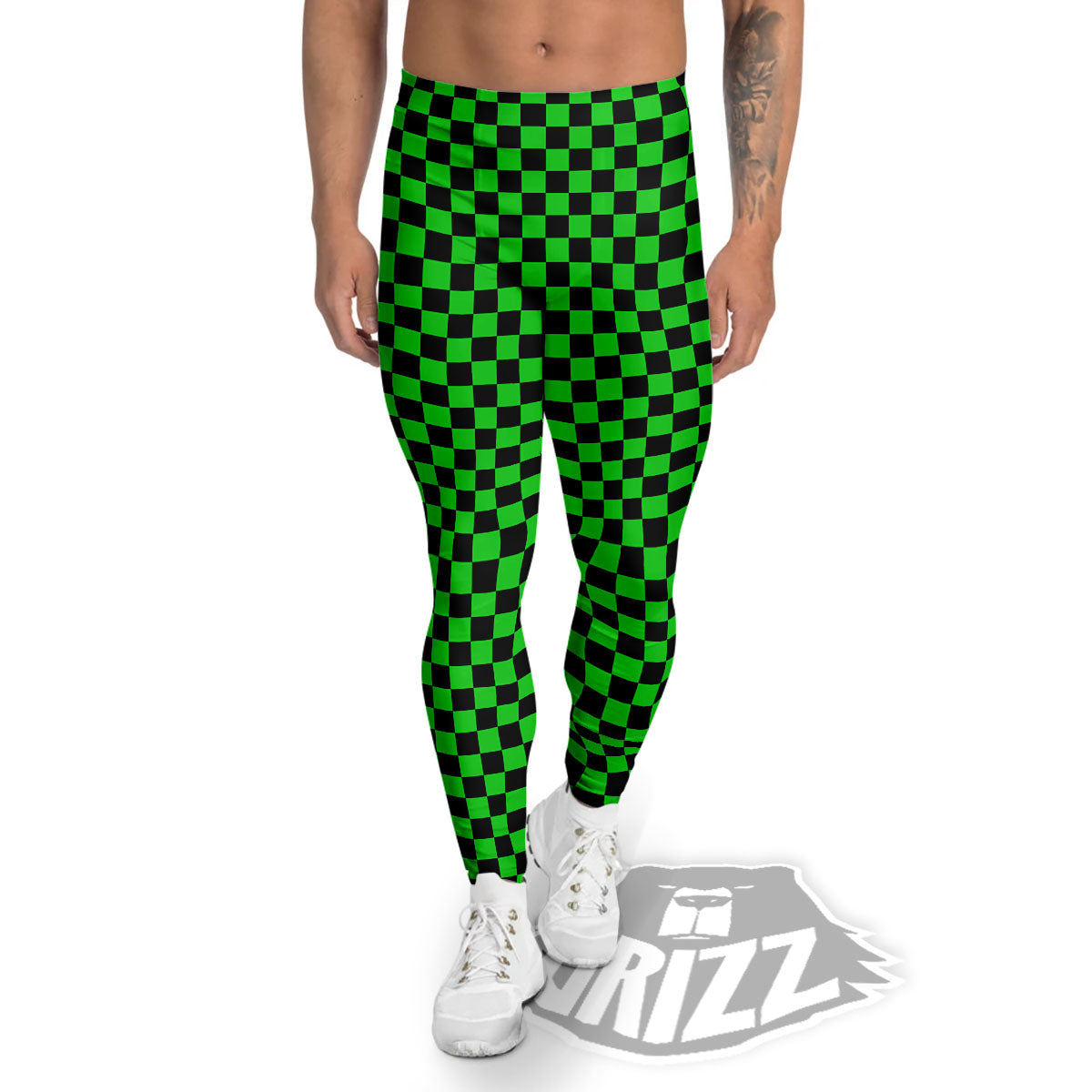 Checkered Green And Black Print Men's Leggings-grizzshop