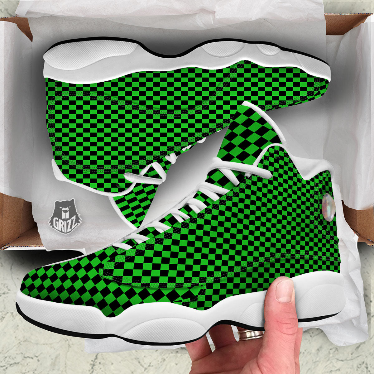 Checkered Green And Black Print White Basketball Shoes-grizzshop