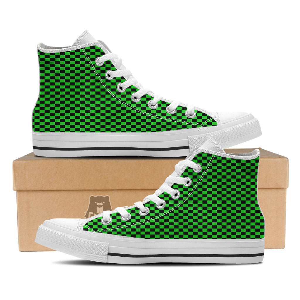 Checkered Green And Black Print White High Top Shoes-grizzshop