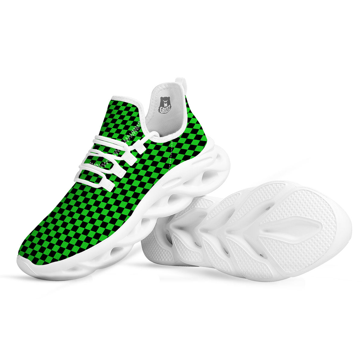 Checkered Green And Black Print White Running Shoes-grizzshop