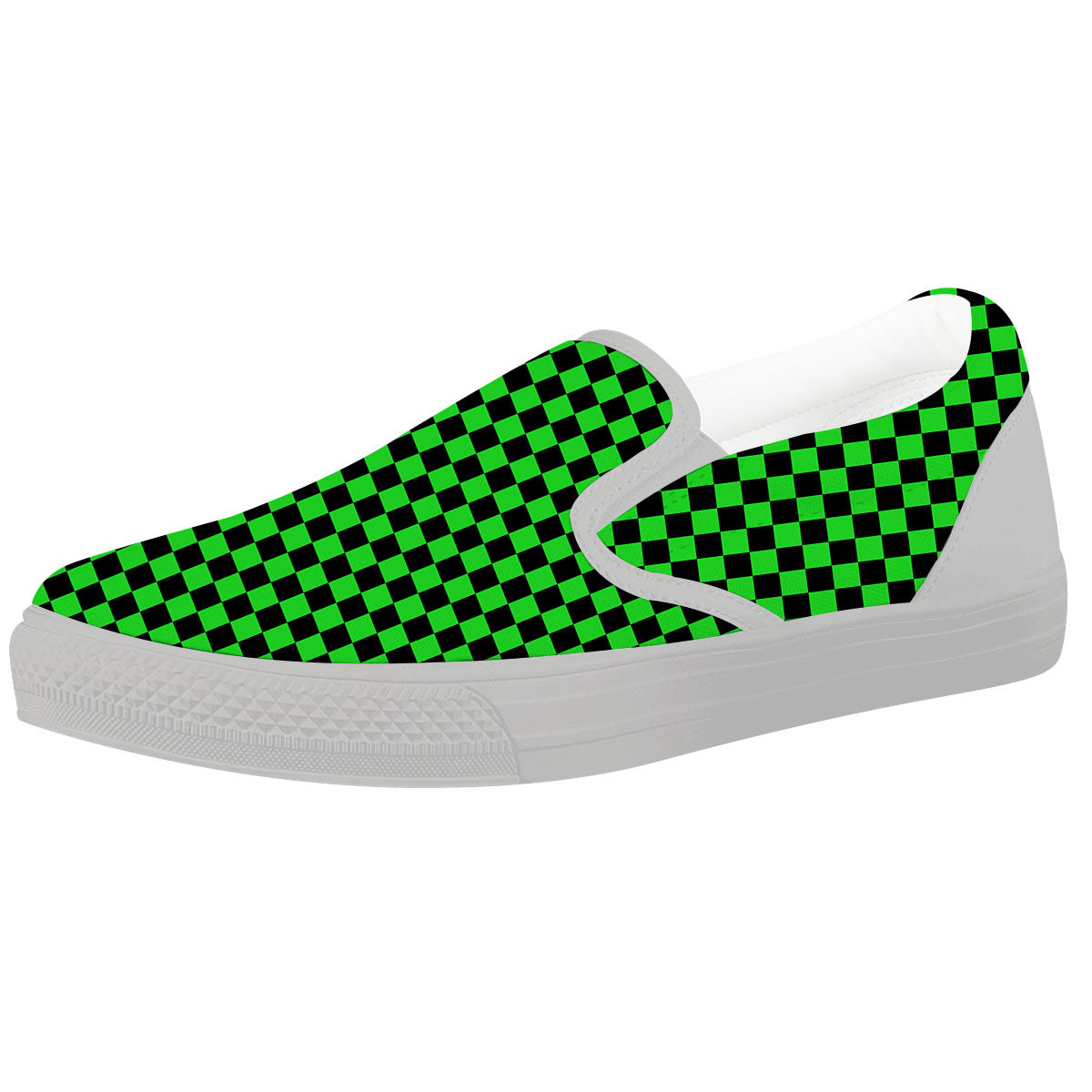 Checkered Green And Black Print White Slip On Shoes-grizzshop