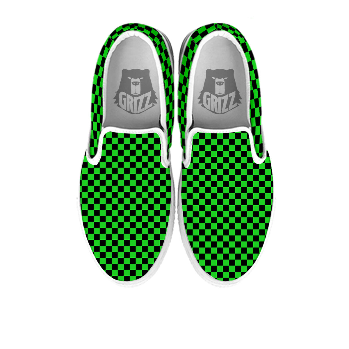 Checkered Green And Black Print White Slip On Shoes-grizzshop
