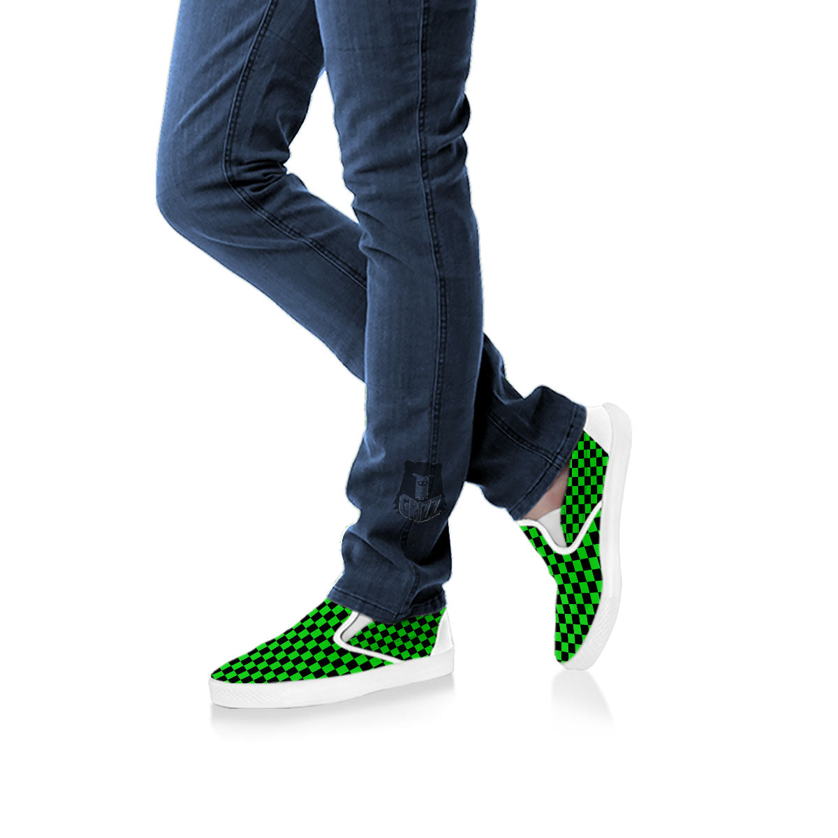 Checkered Green And Black Print White Slip On Shoes-grizzshop