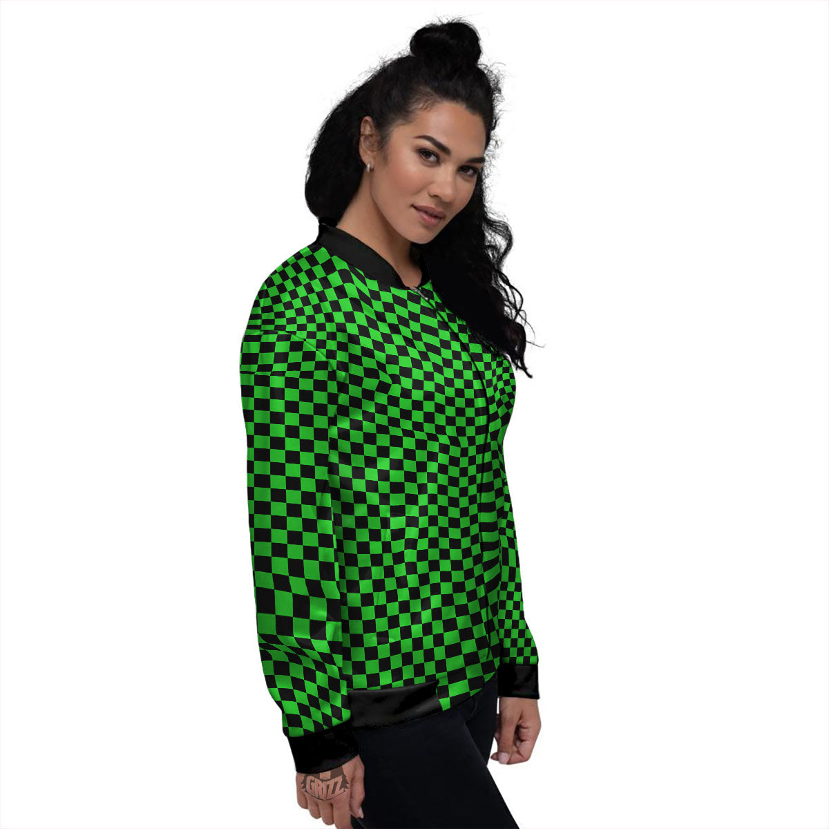 Checkered Green And Black Print Women's Bomber Jacket-grizzshop