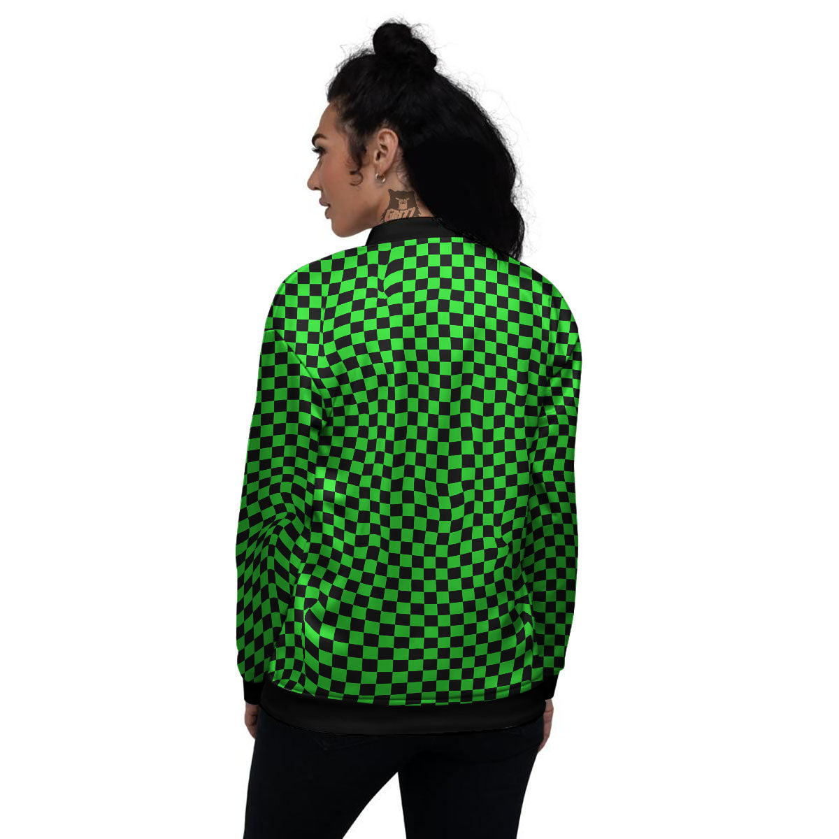 Checkered Green And Black Print Women's Bomber Jacket-grizzshop