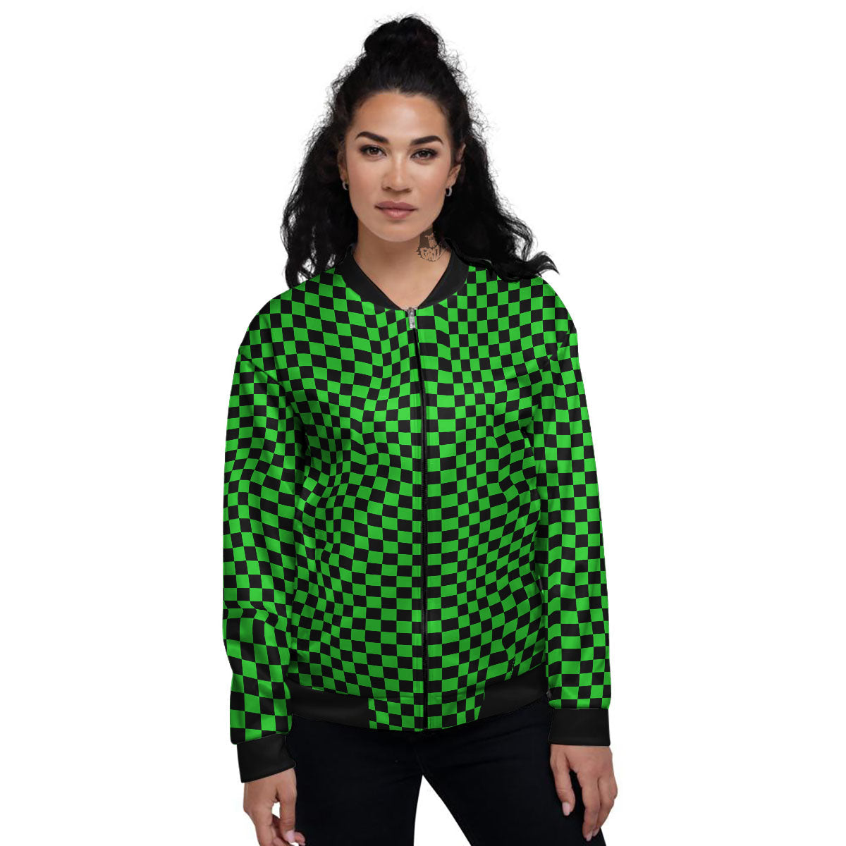 Checkered Green And Black Print Women's Bomber Jacket-grizzshop