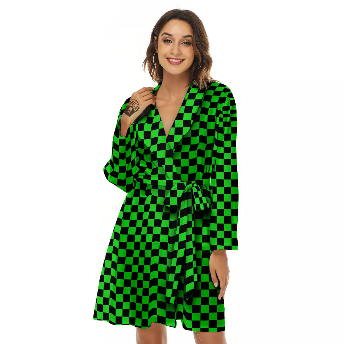 Checkered Green And Black Print Women's Robe-grizzshop