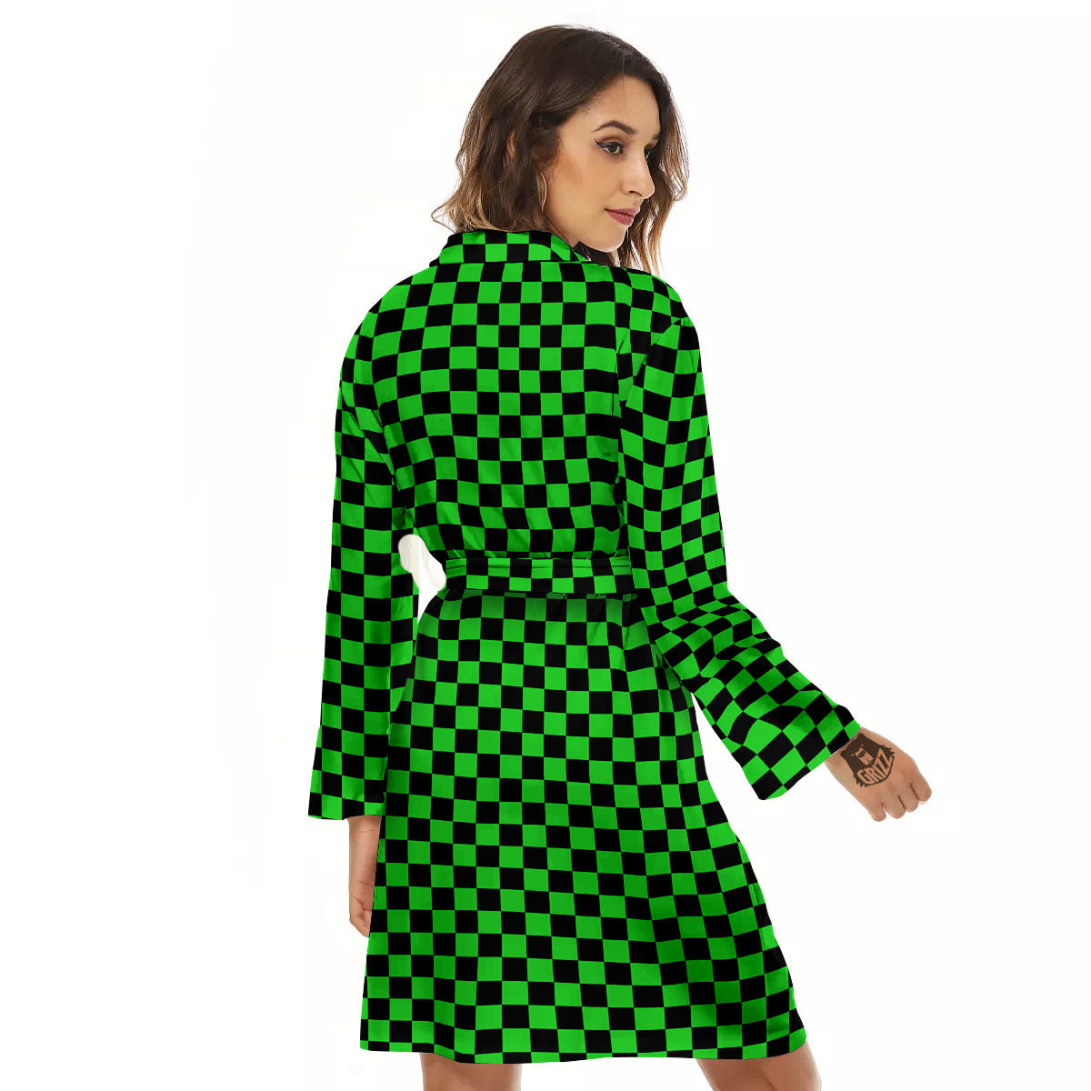 Checkered Green And Black Print Women's Robe-grizzshop