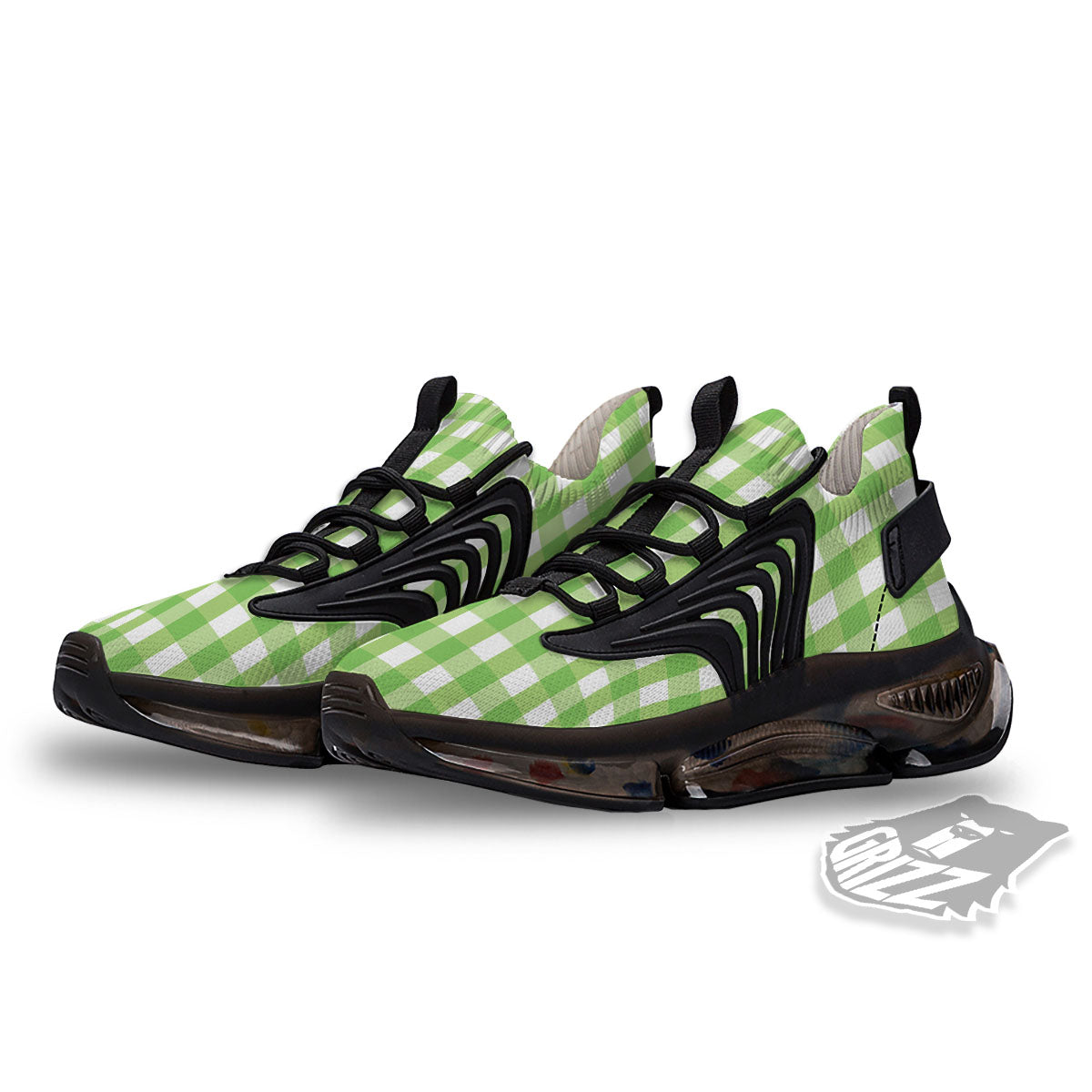 Checkered Green And White Print Pattern Black Gym Shoes-grizzshop
