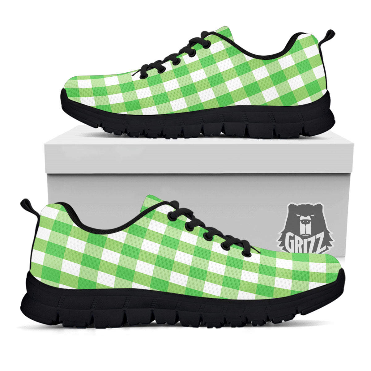 Checkered Green And White Print Pattern Black Sneaker-grizzshop