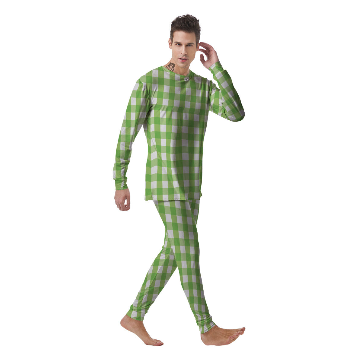 Checkered Green And White Print Pattern Men's Pajamas-grizzshop