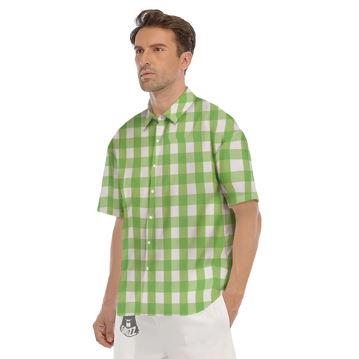 Checkered Green And White Print Pattern Men's Short Sleeve Shirts-grizzshop